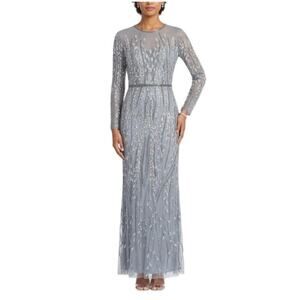 Mac Duggal Sequined Long Sleeve Column Evening Gown Silver Size 6 Formal Dress